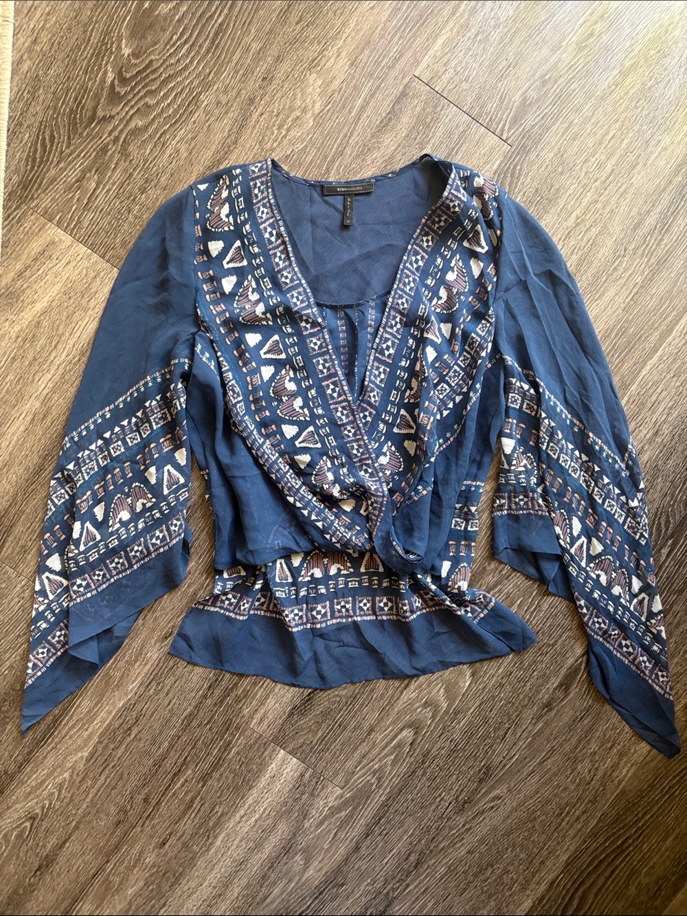 BCBGMaxazria Silk Boho Faux Wrap Handkerchief Blouse - Picture 4 of 11